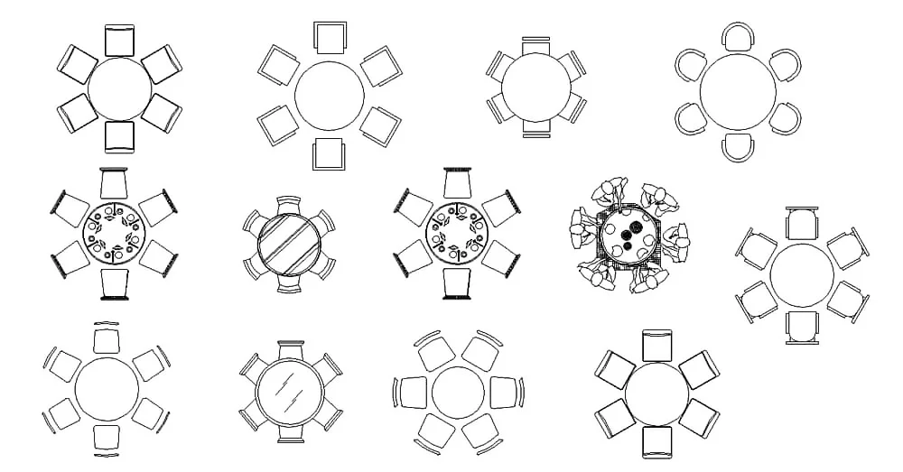 6 Seat Round Dining Room CAD Blocks – Free DWG 2D Plan and Elevation